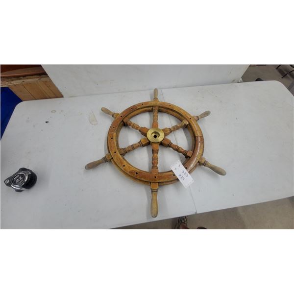 Ship's Wheel, 8-Spoke Wood and Brass, with 6 Handles, 29" Diameter