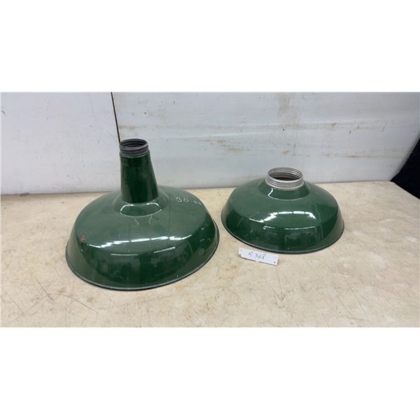 Two Green Enamel Industrial Light Shades, 18 and 16” Diameters