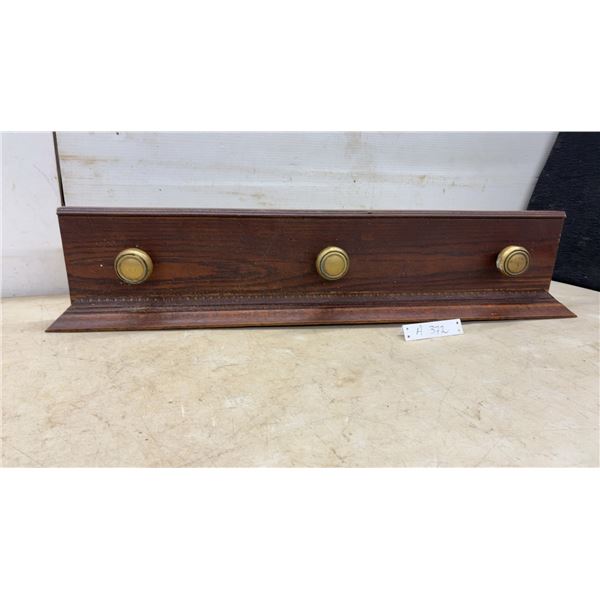 Vintage Wood and Brass Wall-Mount Coat Rack with Three Brass Knobs, 35 1/2 × 7 1/2 × 2 3/4”
