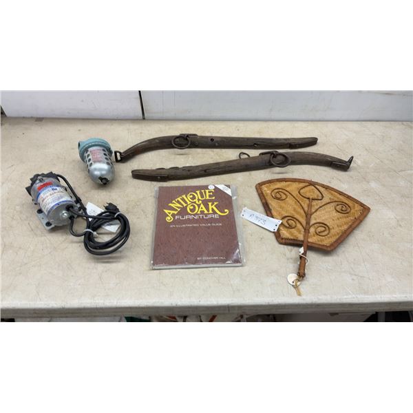 Antique Oak Furniture Guide, Woven Fan, and Two Wooden Yoke Pieces