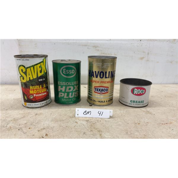 Vintage Motor Oil and Grease Cans: Savex, Esso Essolube, Havoline, and Roco