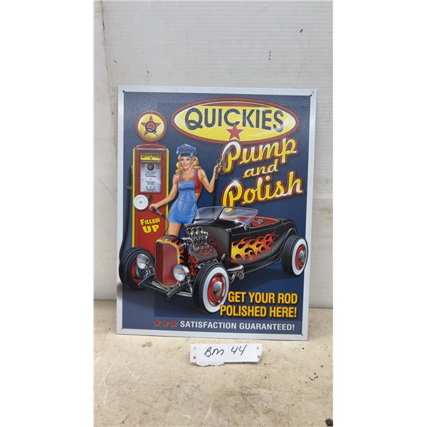 Quickies Pump and Polish Metal Sign, Hot Rod and Pin-Up Girl Graphic