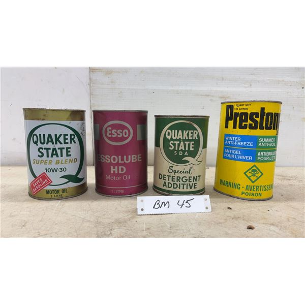Vintage Oil and Antifreeze Cans: Quaker State Super Blend 10W-30, Essolube HD, Quaker State SDA