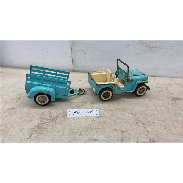 Vintage 1960s Tonka Pressed Steel Turquoise Jeep Commander and Utility Stake Trailer Set