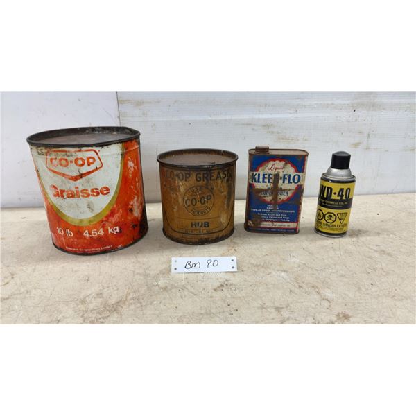 Vintage Co-Op Grease Tins, Kleen-Flo Liquid Cleaner, and WD-40 Spray Can