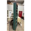 Image 2 : Tall Narrow Wooden Bookshelf with Carved Trim, Reddish-Brown Finish and Green Interior, with