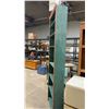 Image 3 : Tall Narrow Wooden Bookshelf with Carved Trim, Reddish-Brown Finish and Green Interior, with