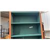 Image 5 : Tall Narrow Wooden Bookshelf with Carved Trim, Reddish-Brown Finish and Green Interior, with