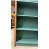 Image 6 : Tall Narrow Wooden Bookshelf with Carved Trim, Reddish-Brown Finish and Green Interior, with
