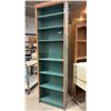 Image 7 : Tall Narrow Wooden Bookshelf with Carved Trim, Reddish-Brown Finish and Green Interior, with