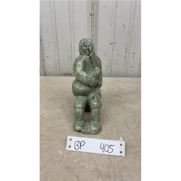 Soapstone Eskimo with a Seal Signed- 7 1/4” High, 5 1/2” Long, 3” wide