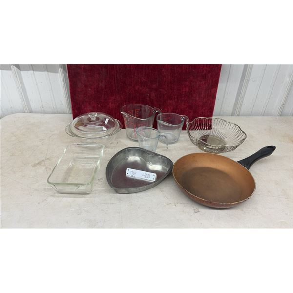 Fire-King Measuring Cups, Pyrex Casserole, Frypan, Heart Cake Pan, and Bowl