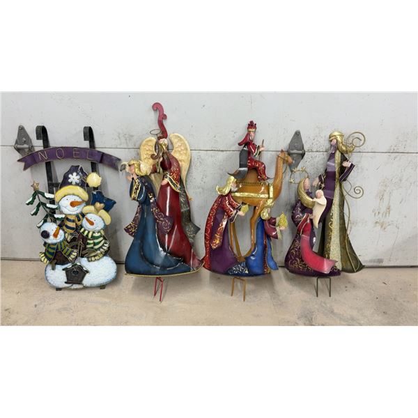 30” Hanging Metal Sled with Snowman and 3 Metal Nativity set, 32”