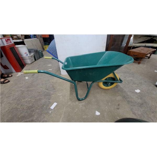 Single-Wheel Wheelbarrow with Green Deep-Set Tub, Green Metal Frame and Yellow Handle Grips