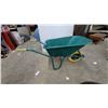 Image 1 : Single-Wheel Wheelbarrow with Green Deep-Set Tub, Green Metal Frame and Yellow Handle Grips