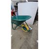 Image 2 : Single-Wheel Wheelbarrow with Green Deep-Set Tub, Green Metal Frame and Yellow Handle Grips