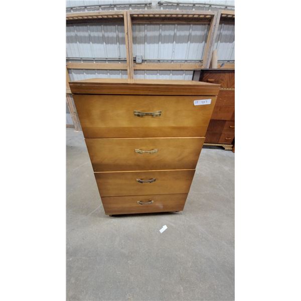 Vintage Mid-Century Modern Four-Drawer Wood Chest with Brass-Toned Pulls