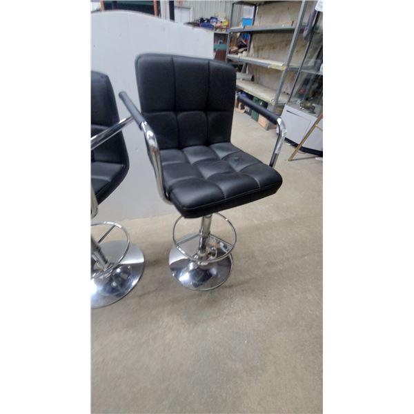 2 Modern Adjustable-Height Swivel Bar Stools, Black Faux Leather, Chrome Base
