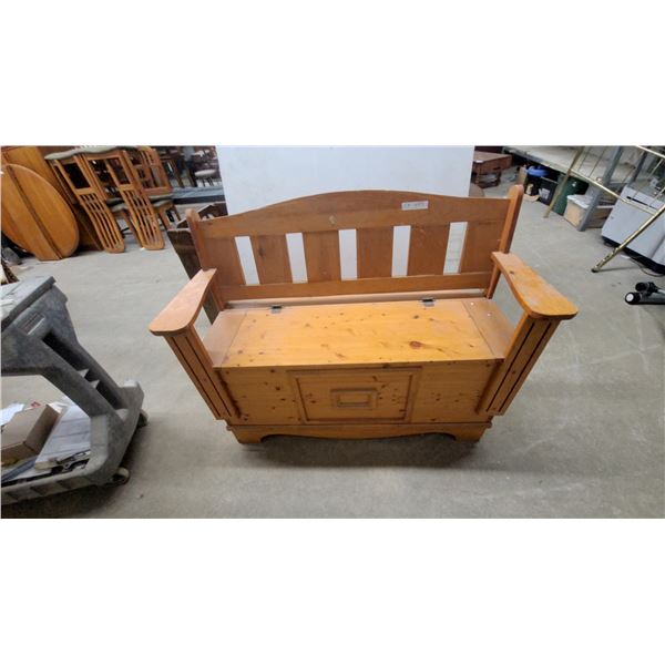 Rustic Pine Wood Storage Bench with Slatted Back, Armrests, and Hinged Seat 48"wide