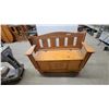 Image 1 : Rustic Pine Wood Storage Bench with Slatted Back, Armrests, and Hinged Seat 48"wide