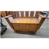 Image 4 : Rustic Pine Wood Storage Bench with Slatted Back, Armrests, and Hinged Seat 48"wide