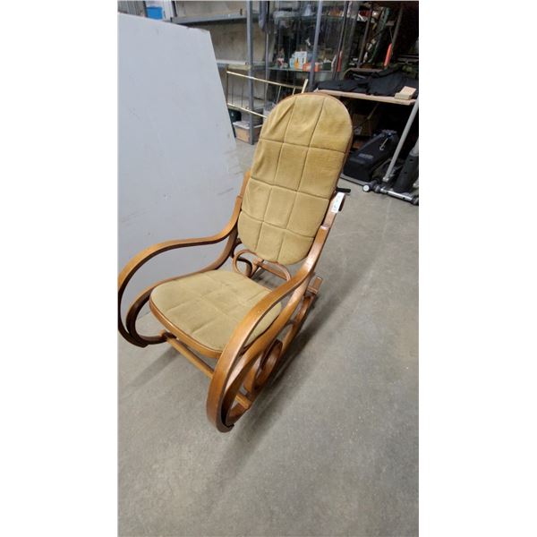 Vintage Thonet-Style Bentwood Rocking Chair with Tufted Tan Fabric Cushions