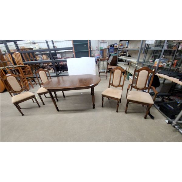 Vintage Oval Wooden Dining Table 30"×59"×39" with Six Upholstered Turned-Leg Chairs plus 17.6" leaf