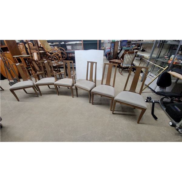 Set of Six Mid-Century Modern High-Back Dining Chairs With Striped Upholstered Seats