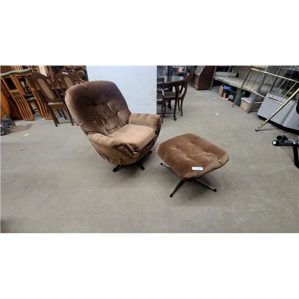Vintage 1970s Arco Brown Velour Tufted Swivel Lounge Chair and Ottoman Set