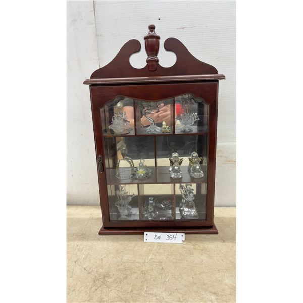 Wood Wall-Mount Curio Cabinet with Glass Door and 12 Crystal Figurines