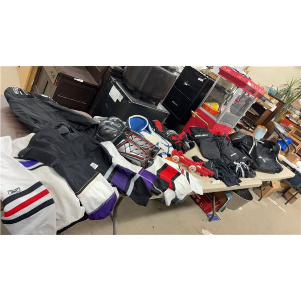 Warrior Hockey Bag, CCM Jr. L and Bauer Jr. S/P Hockey Pants, Bauer Gloves
