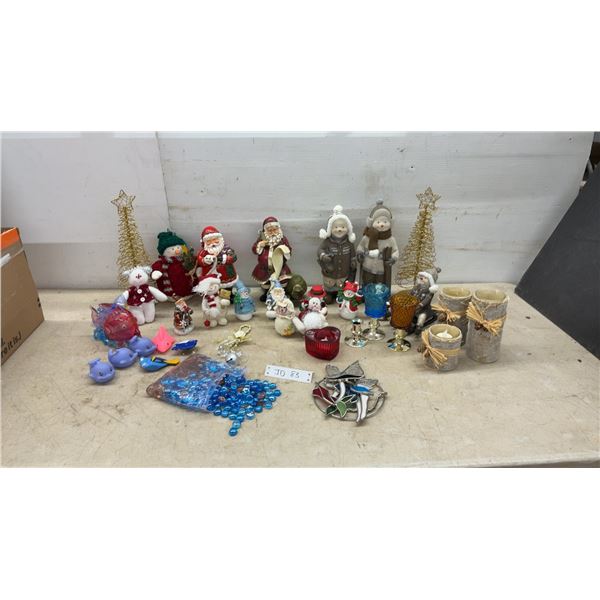 Christmas and Winter Decor: Snowmen Figurines, Santa, Wire Trees, Birch Candle Holders