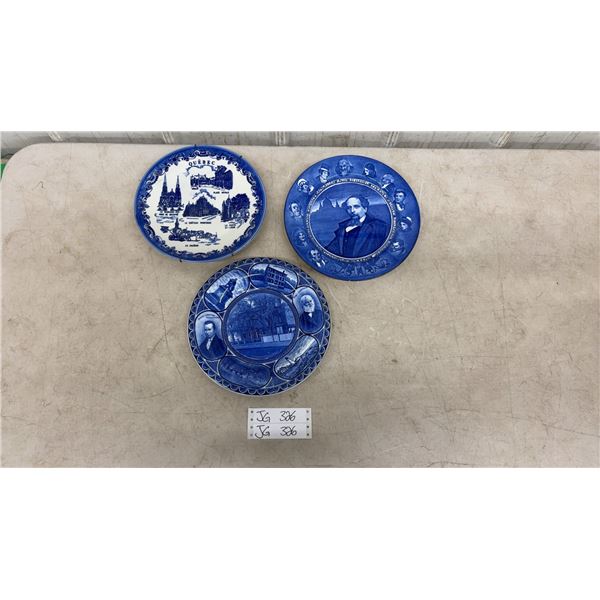 Three Royal Doulton Dickens Cobalt Blue 10” Plates and Two Souvenir Plates