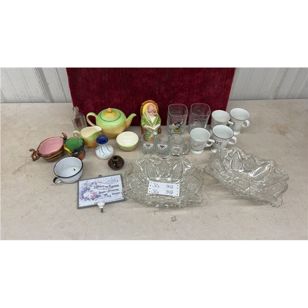 Box of 2 Cut Glass Serving Pieces, Two 1940s OXO and Bovril Mugs, McDonald's Walt Disney Glasses