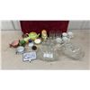 Image 1 : Box of 2 Cut Glass Serving Pieces, Two 1940s OXO and Bovril Mugs, McDonald's Walt Disney Glasses