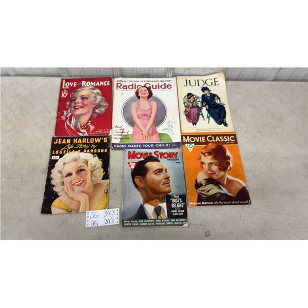 Six Vintage 1920s-1930 Magazines: Love and Romance, Movie Classic, Movie Story, Judge and Radio