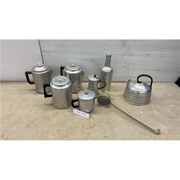 Aluminum Coffee Pots and Percolators, Whistling Kettle, Bottle, and Ladle