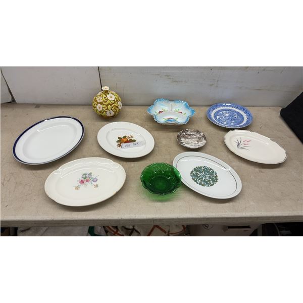 Assorted Decorative serving Platters and Bowls, Including Blue Willow, Fruit, Floral