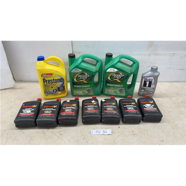 Quaker State Advanced Durability 5W-30 Motor Oil, Prestone 50/50 Antifreeze, and Mag 1 Dexron-III