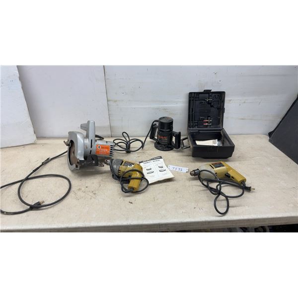 Black and Decker Power Tools; Router, 7 1/4” Circular Saw and 2 Drills
