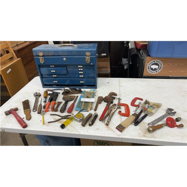 Vintage Blue Metal 7 Drawer Tool Chest with Hammers, Wrenches, Pliers, Clamps