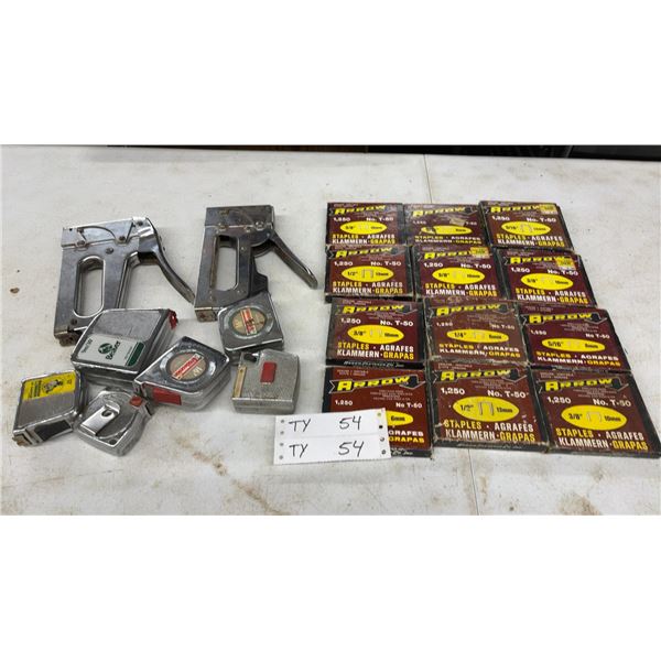 Arrow T-50 Staple Guns, 12 Packages Arrow T-50 Staples, and 5 Tape Measures