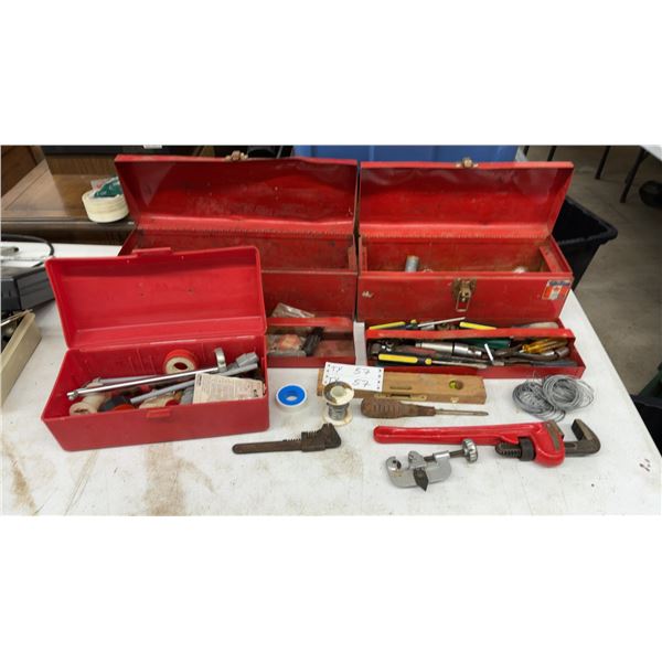 Three Red Metal Toolboxes with Wrenches, Sockets, Screwdrivers, Pliers, Pipe Wrench