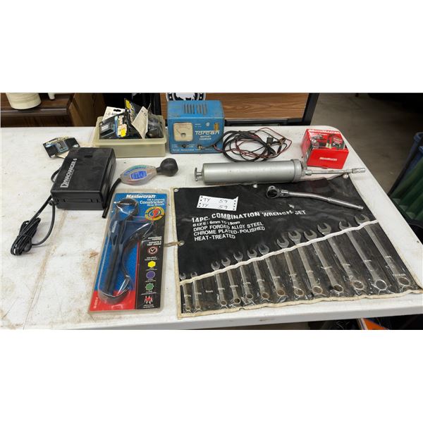 Torcan Battery Charger, Motomaster Battery Charger, Mastercraft Strap Wrench, Grease Gun