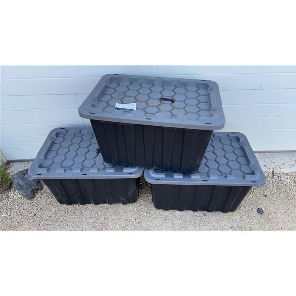 Three Black and Gray Hex-Pattern Storage Totes with Lids