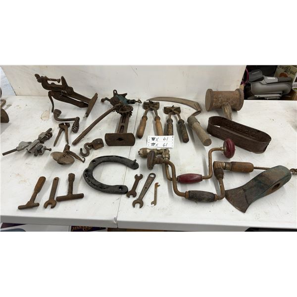 Assorted Antique and Vintage Hand Tools: Brace Drills, Scythe, Shears, Axe