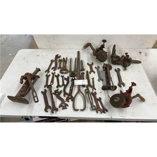 Assorted Antique Wrenches, Jacks, and Grinders