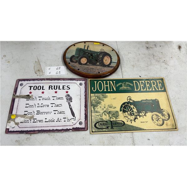 John Deere "GP" General Purpose Tractor Sign, John Deere Tractor Clock, and "Tool Rules" Sign