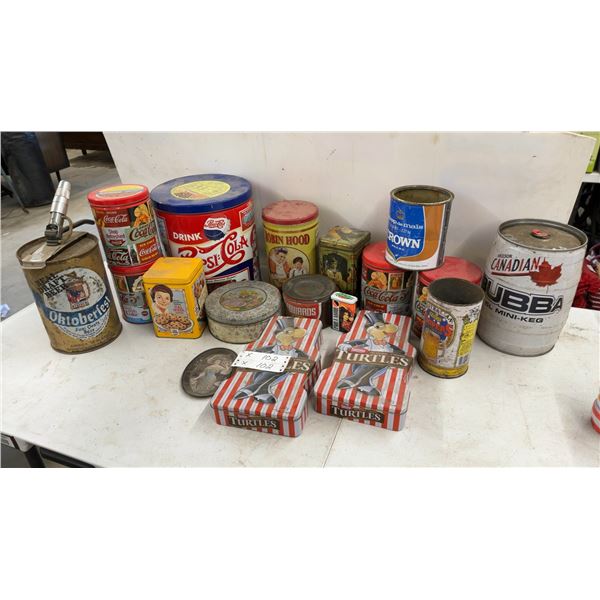 Vintage Advertising Tins and Cans: Pepsi-Cola, Coca-Cola, Robin Hood, Molson Canadian