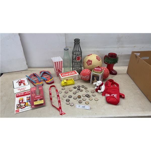 Coca-Cola Brand Collectibles: Wire Bottle Clock, 15” Tall, Night Light, Popcorn Bucket, balls